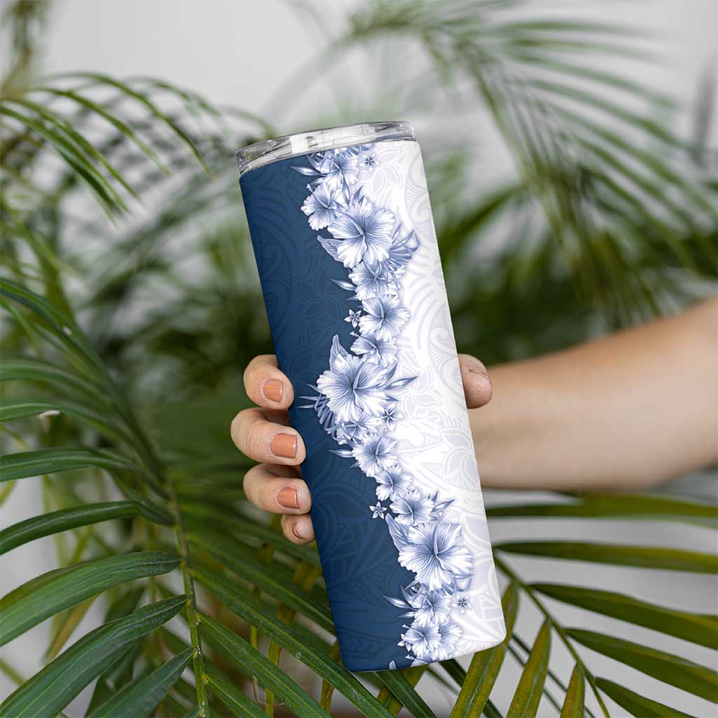 Hawaii Hibiscus Flowers Skinny Tumbler Blue Polynesian Pattern