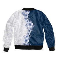 Hawaii Hibiscus Flowers Sleeve Zip Bomber Jacket Blue Polynesian Pattern