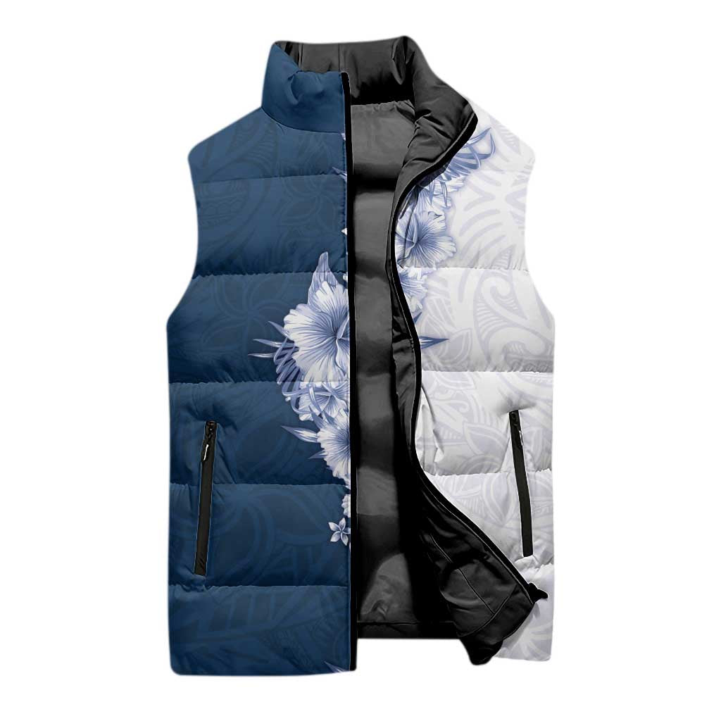 Hawaii Hibiscus Flowers Sleeveless Puffer Jacket Blue Polynesian Pattern