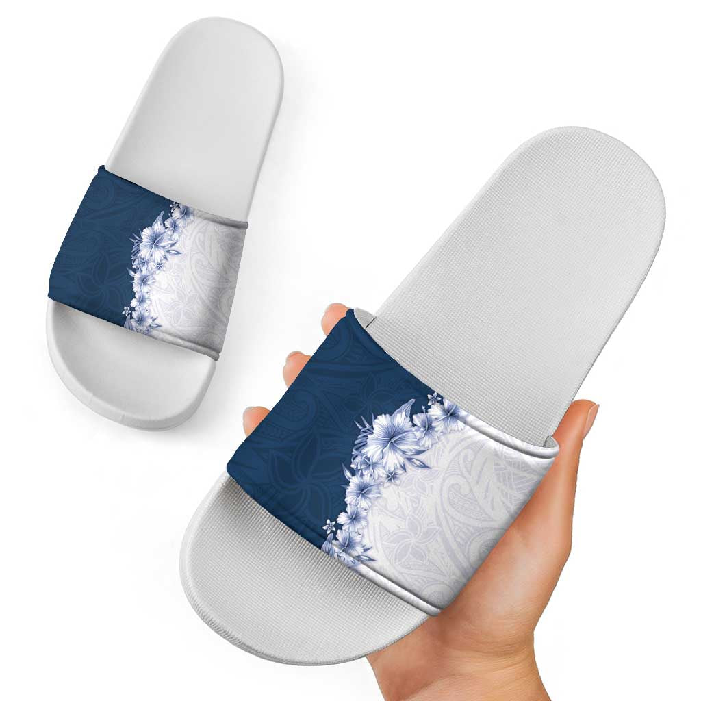 Hawaii Hibiscus Flowers Slide Sandals Blue Polynesian Pattern