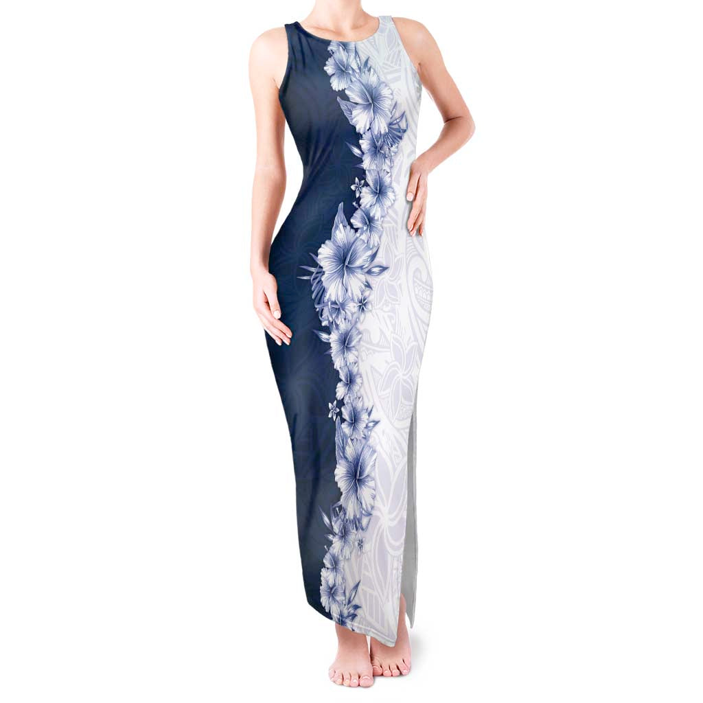 Hawaii Hibiscus Flowers Tank Maxi Dress Blue Polynesian Pattern