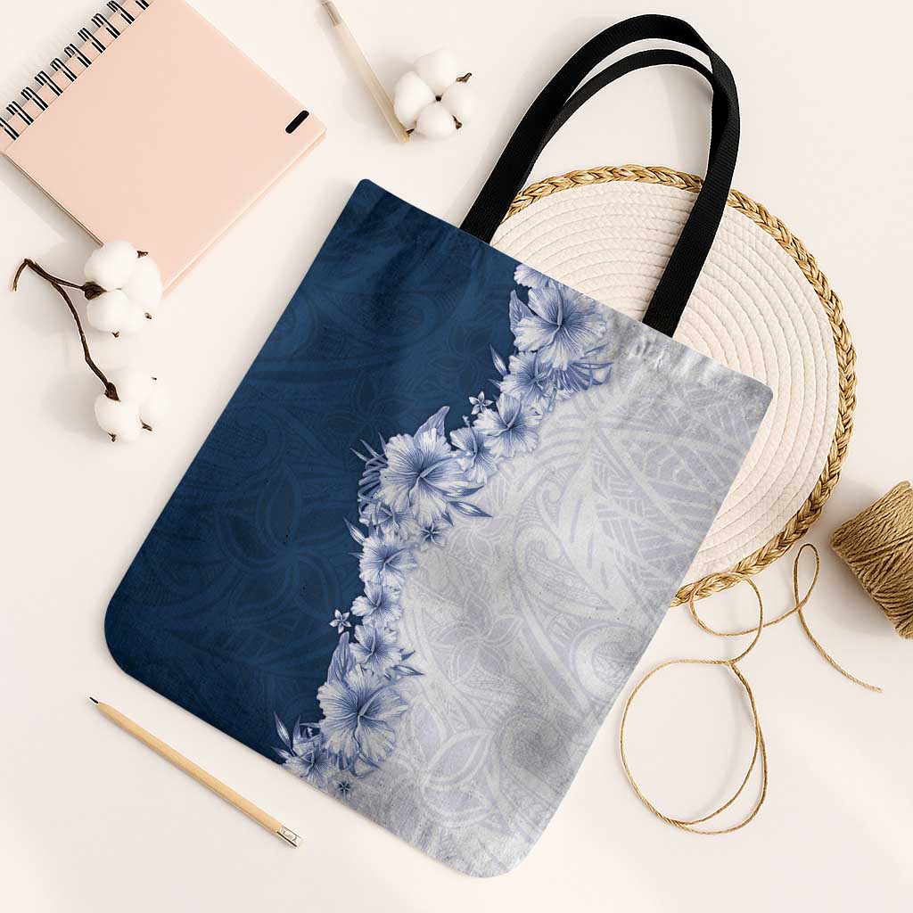 Hawaii Hibiscus Flowers Tote Bag Blue Polynesian Pattern