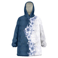 Hawaii Hibiscus Flowers Wearable Blanket Hoodie Blue Polynesian Pattern