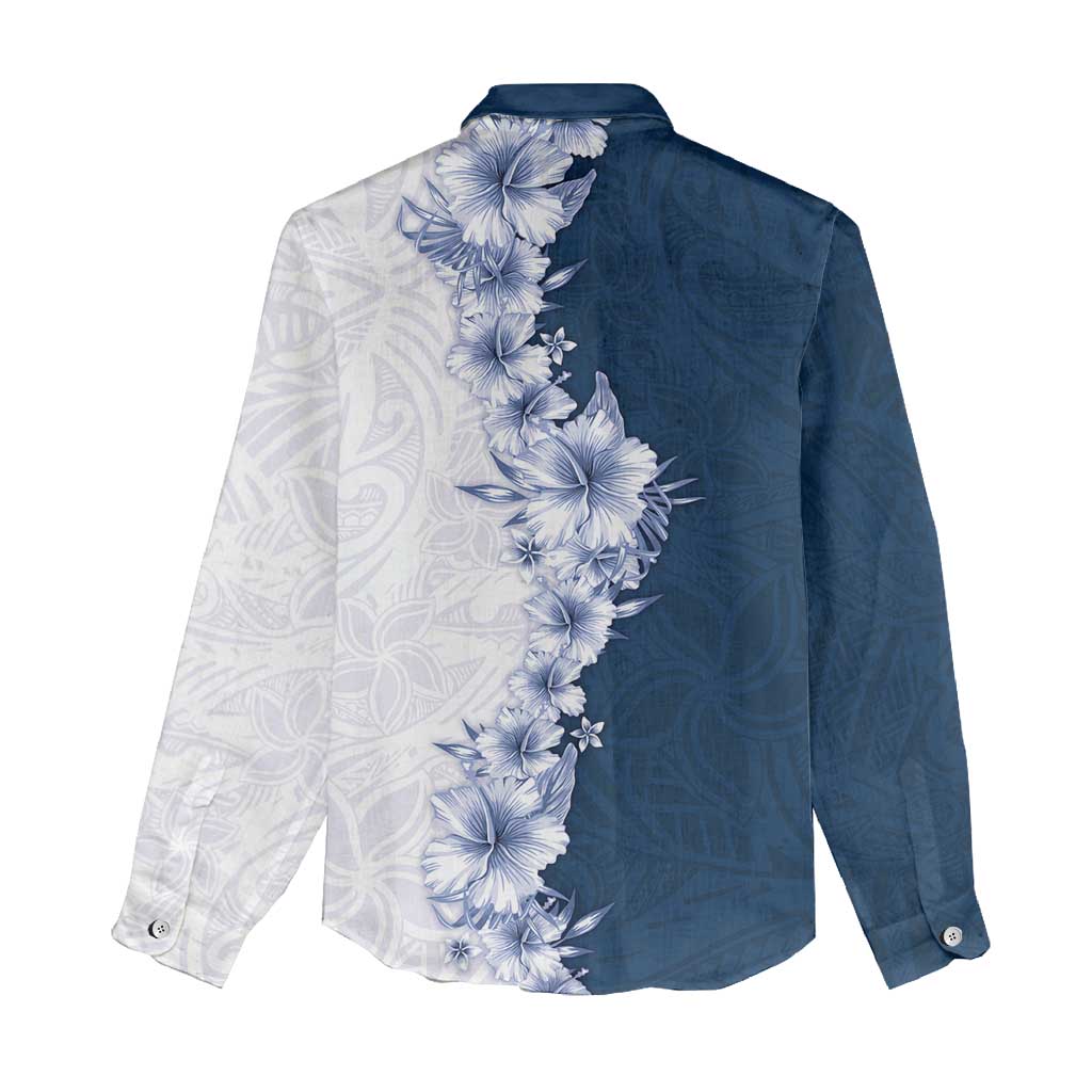 Hawaii Hibiscus Flowers Women Casual Shirt Blue Polynesian Pattern