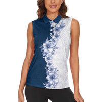 Hawaii Hibiscus Flowers Women Sleeveless Polo Shirt Blue Polynesian Pattern