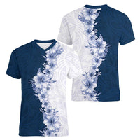 Hawaii Hibiscus Flowers Women V-Neck T-Shirt Blue Polynesian Pattern
