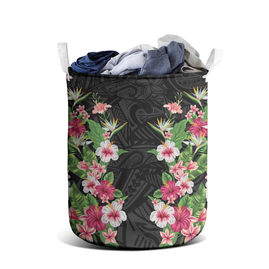 Hawaii Tropical Flowers Laundry Basket Black Polynesian Tattoo Art