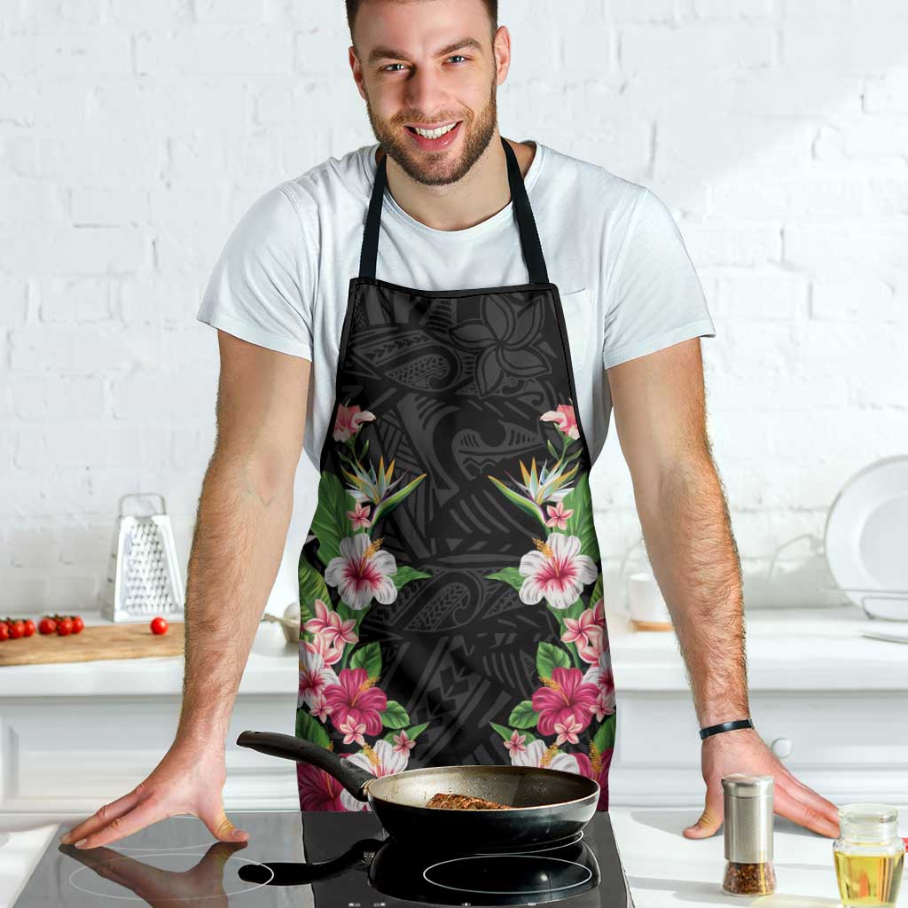 Hawaii Tropical Flowers Apron Black Polynesian Tattoo Art