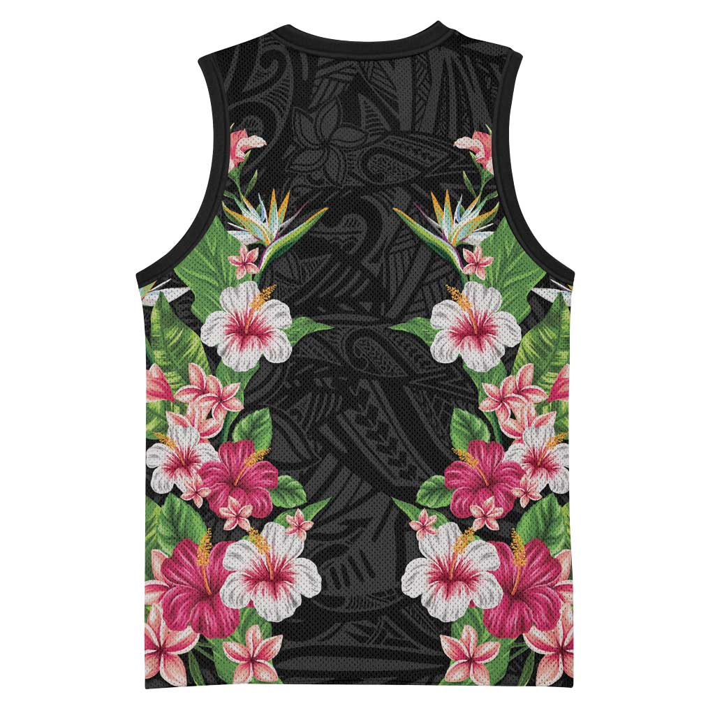 Hawaii Tropical Flowers Basketball Jersey Black Polynesian Tattoo Art
