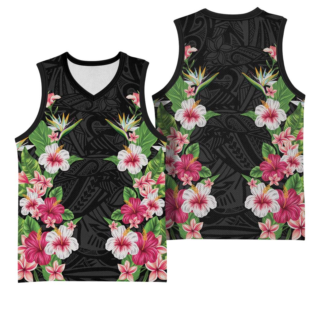 Hawaii Tropical Flowers Basketball Jersey Black Polynesian Tattoo Art