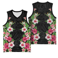 Hawaii Tropical Flowers Basketball Jersey Black Polynesian Tattoo Art