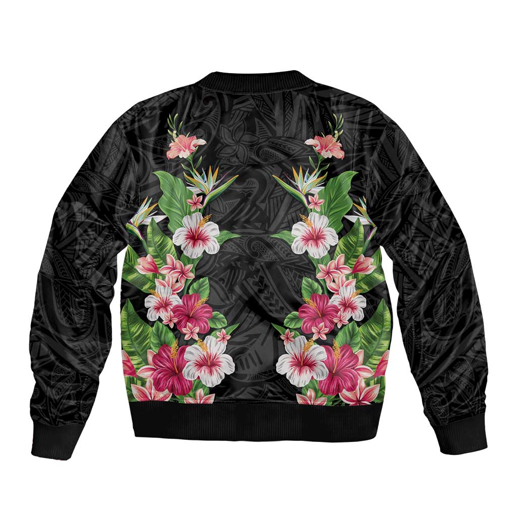 Hawaii Tropical Flowers Bomber Jacket Black Polynesian Tattoo Art