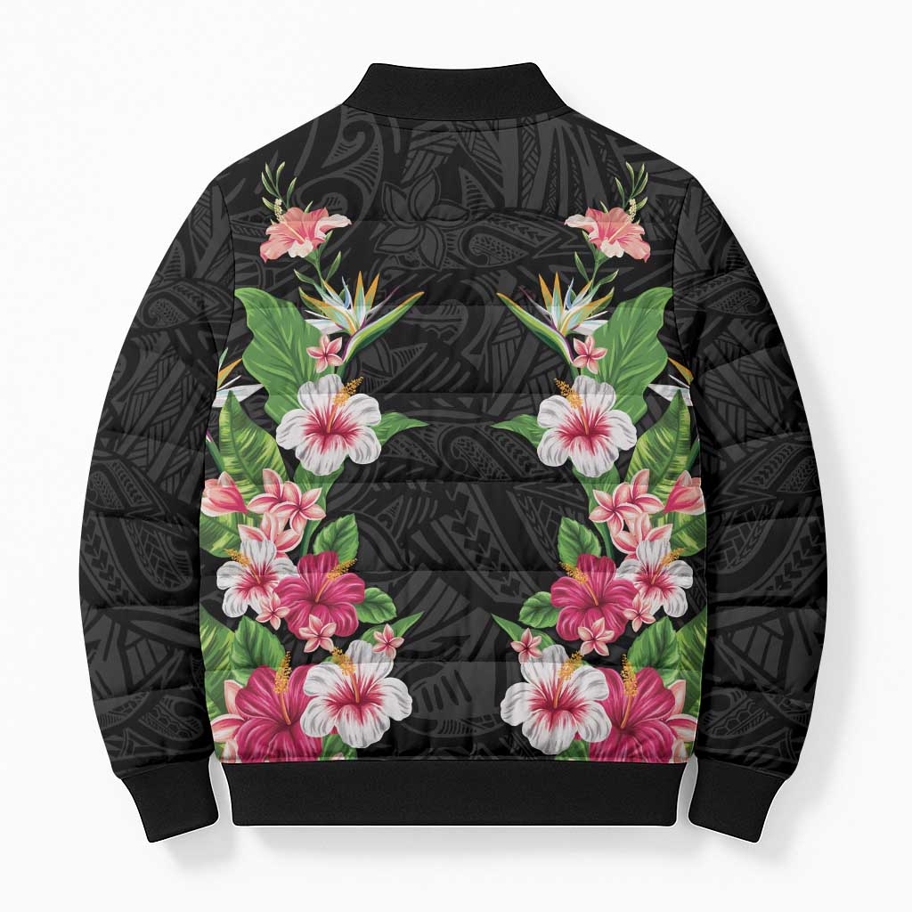 Hawaii Tropical Flowers Bomber Puffer Jacket Black Polynesian Tattoo Art