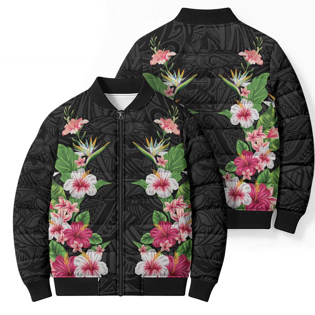 Hawaii Tropical Flowers Bomber Puffer Jacket Black Polynesian Tattoo Art