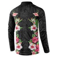 Hawaii Tropical Flowers Button Sweatshirt Black Polynesian Tattoo Art