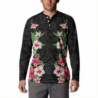 Hawaii Tropical Flowers Button Sweatshirt Black Polynesian Tattoo Art