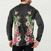 Hawaii Tropical Flowers Button Sweatshirt Black Polynesian Tattoo Art