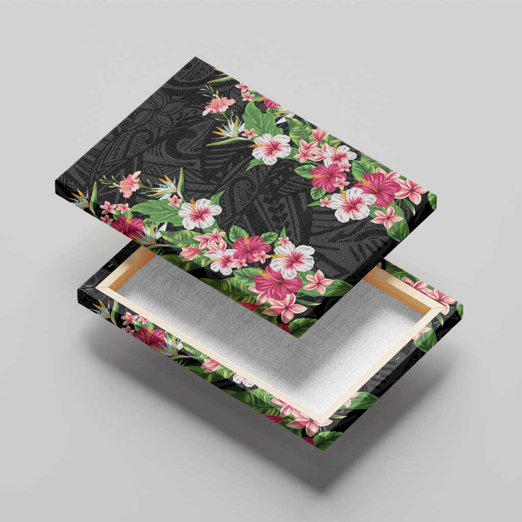 Hawaii Tropical Flowers Canvas Wall Art Black Polynesian Tattoo Art
