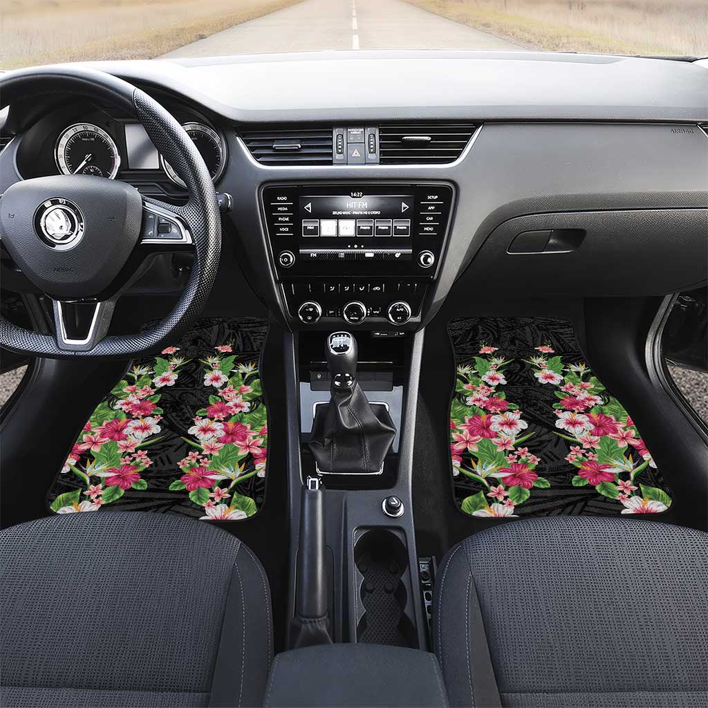 Hawaii Tropical Flowers Car Mats Black Polynesian Tattoo Art
