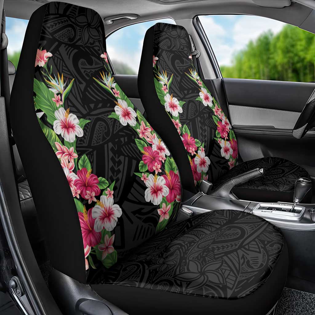 Hawaii Tropical Flowers Car Seat Cover Black Polynesian Tattoo Art