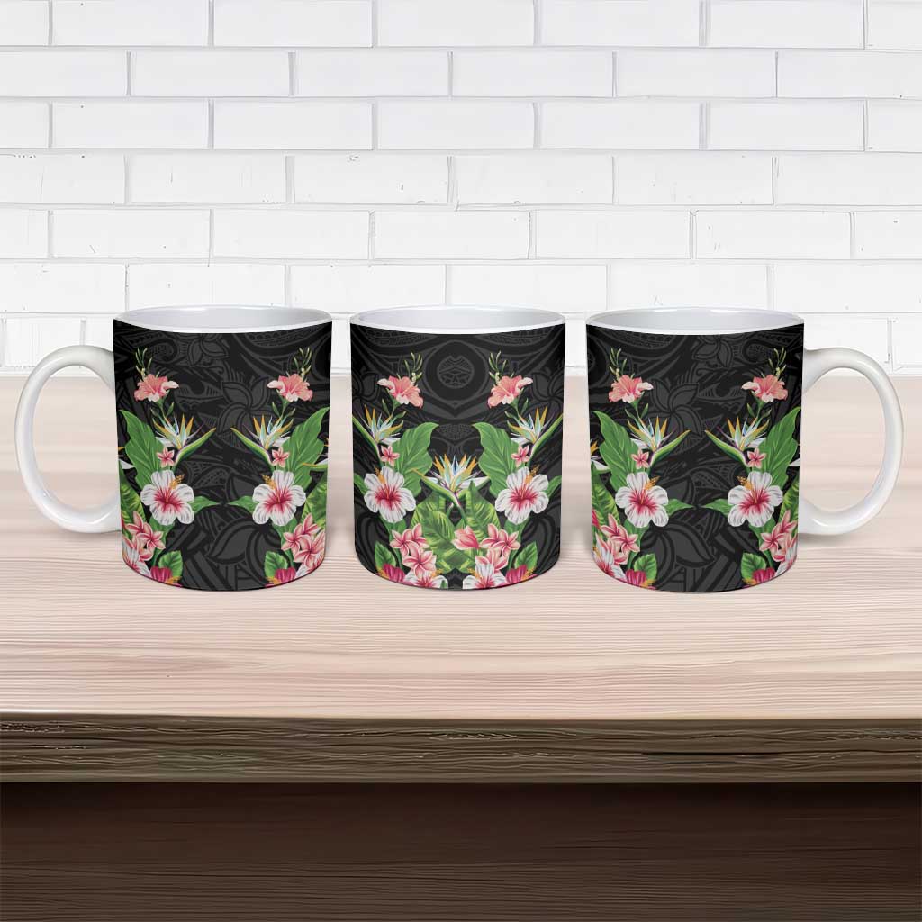 Hawaii Tropical Flowers Ceramic Mug Black Polynesian Tattoo Art