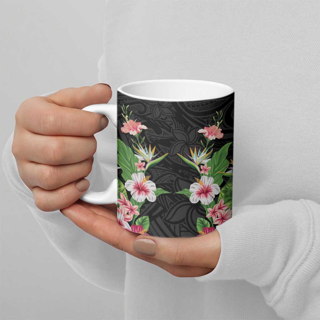 Hawaii Tropical Flowers Ceramic Mug Black Polynesian Tattoo Art