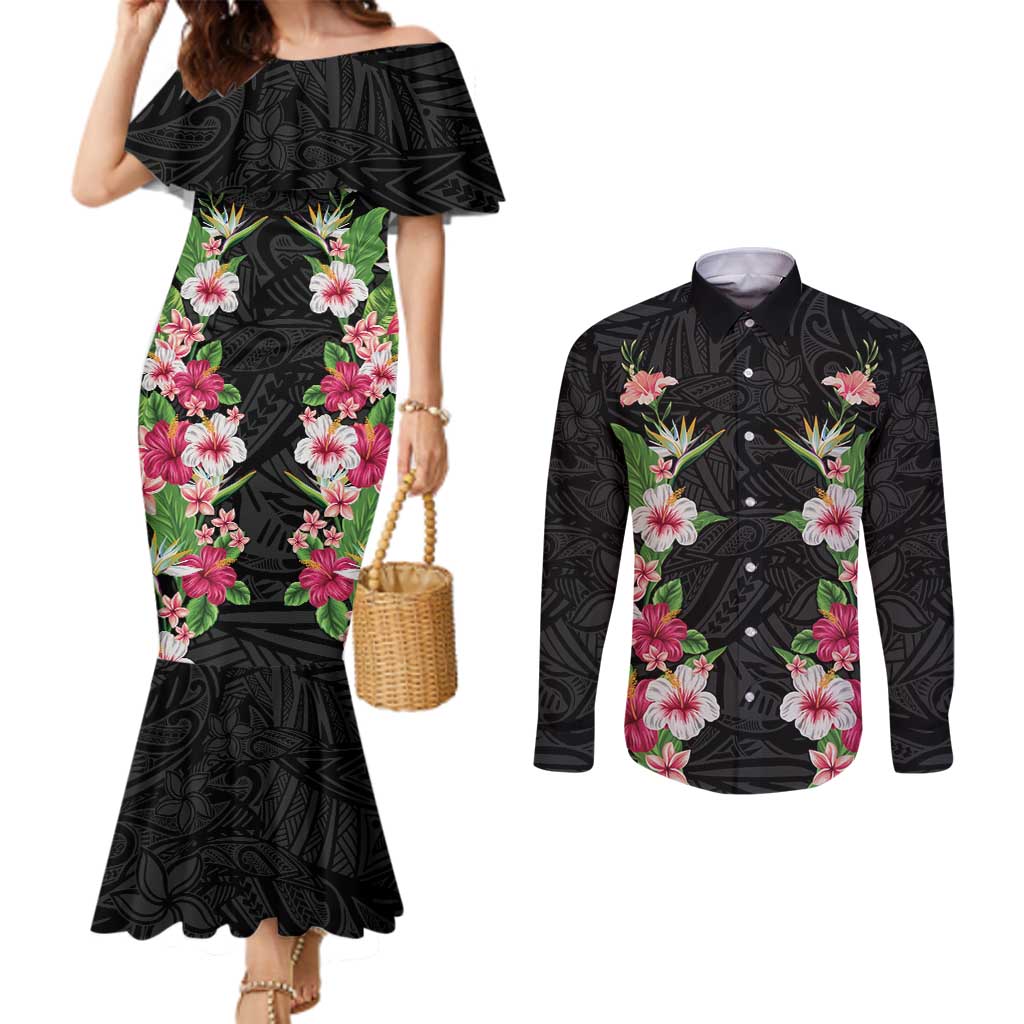 Hawaii Tropical Flowers Couples Matching Mermaid Dress and Long Sleeve Button Shirt Black Polynesian Tattoo Art