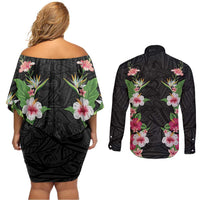 Hawaii Tropical Flowers Couples Matching Off Shoulder Short Dress and Long Sleeve Button Shirt Black Polynesian Tattoo Art