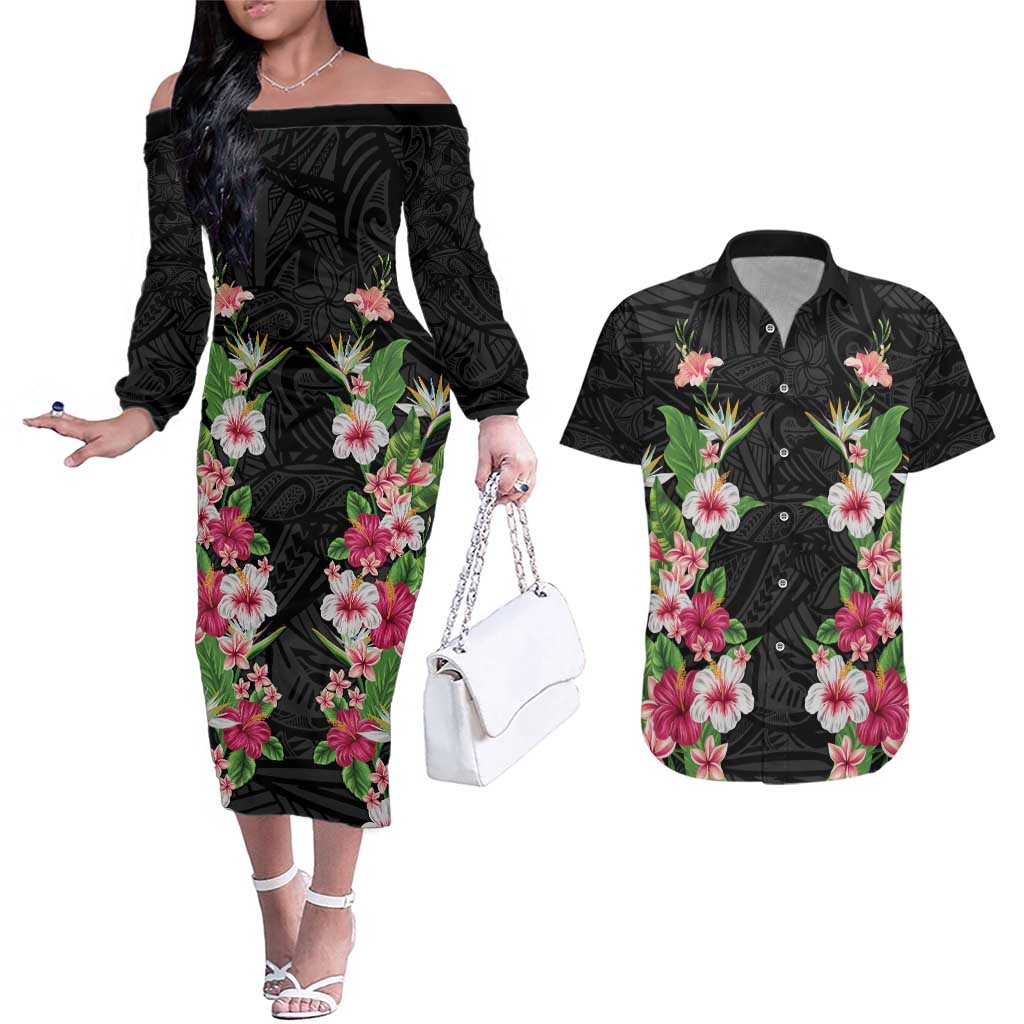 Hawaii Tropical Flowers Couples Matching Off The Shoulder Long Sleeve Dress and Hawaiian Shirt Black Polynesian Tattoo Art LT05 Black - Polynesian Pride