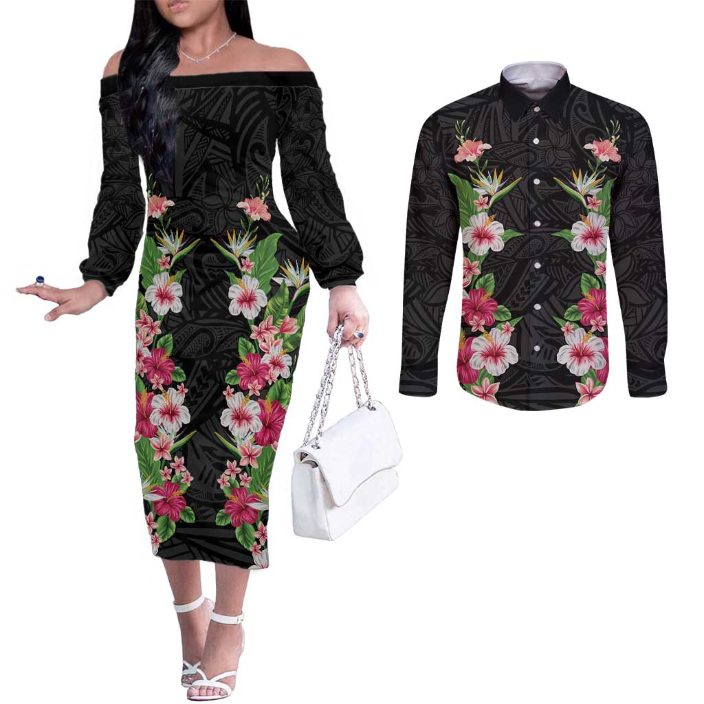 Hawaii Tropical Flowers Couples Matching Off The Shoulder Long Sleeve Dress and Long Sleeve Button Shirt Black Polynesian Tattoo Art