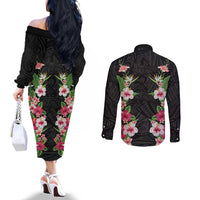 Hawaii Tropical Flowers Couples Matching Off The Shoulder Long Sleeve Dress and Long Sleeve Button Shirt Black Polynesian Tattoo Art