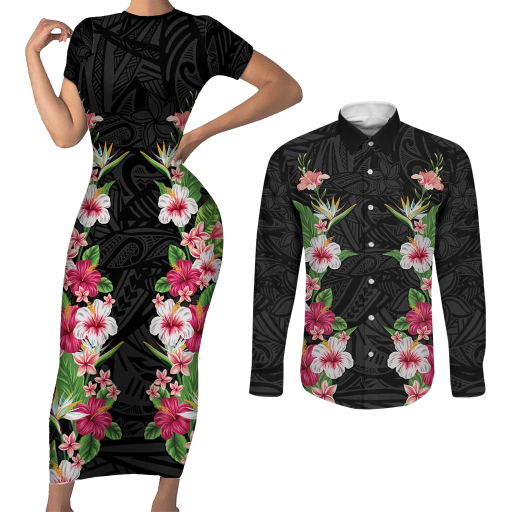 Hawaii Tropical Flowers Couples Matching Short Sleeve Bodycon Dress and Long Sleeve Button Shirt Black Polynesian Tattoo Art