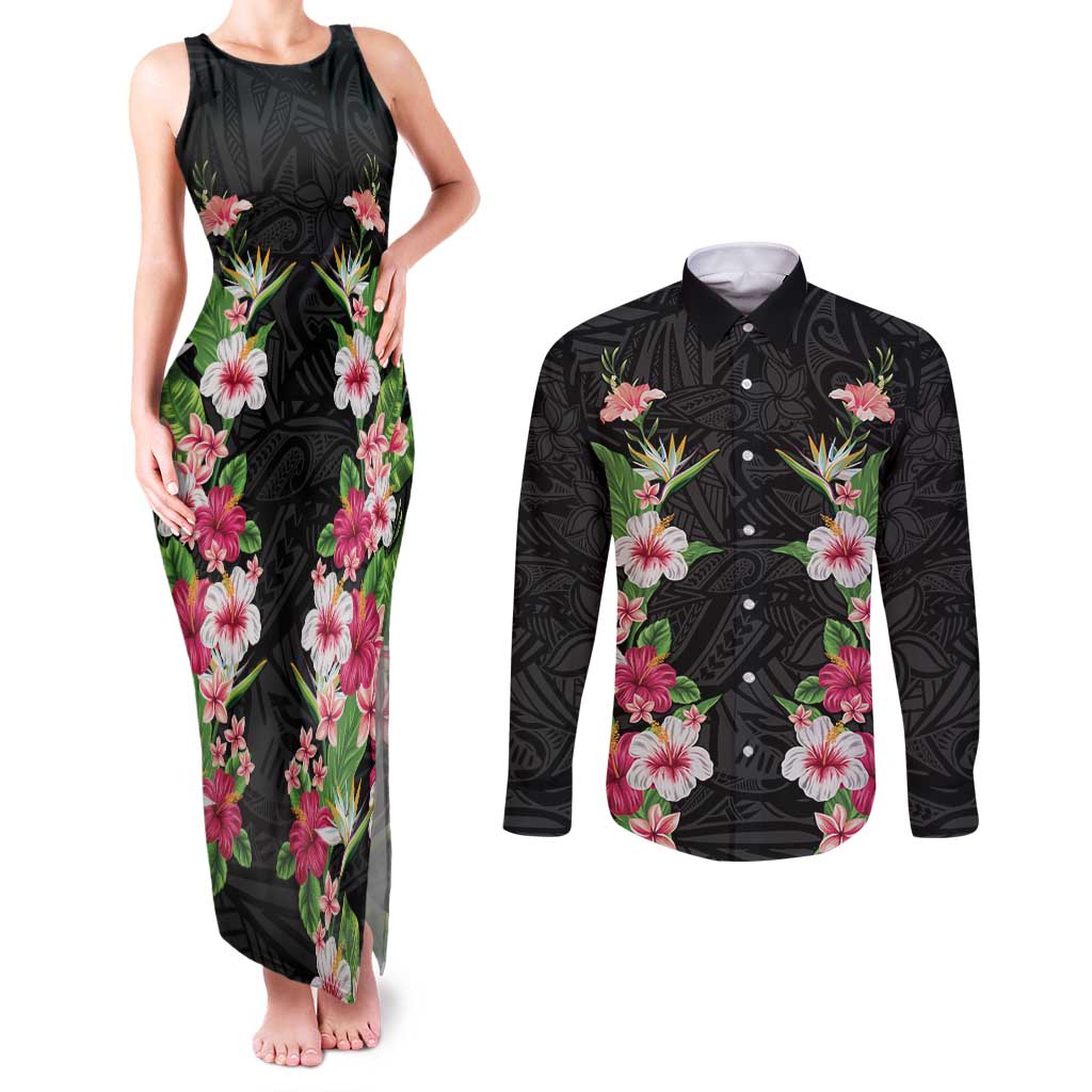 Hawaii Tropical Flowers Couples Matching Tank Maxi Dress and Long Sleeve Button Shirt Black Polynesian Tattoo Art