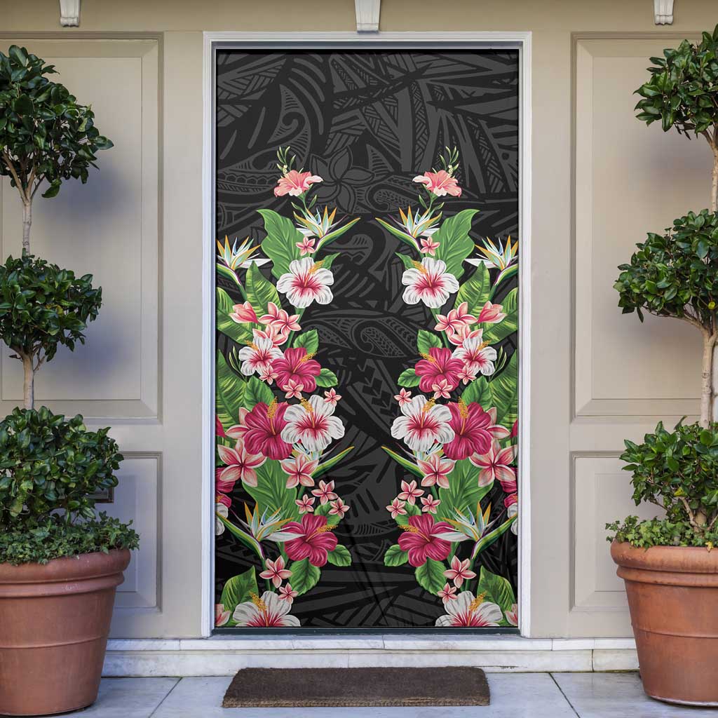 Hawaii Tropical Flowers Door Cover Black Polynesian Tattoo Art