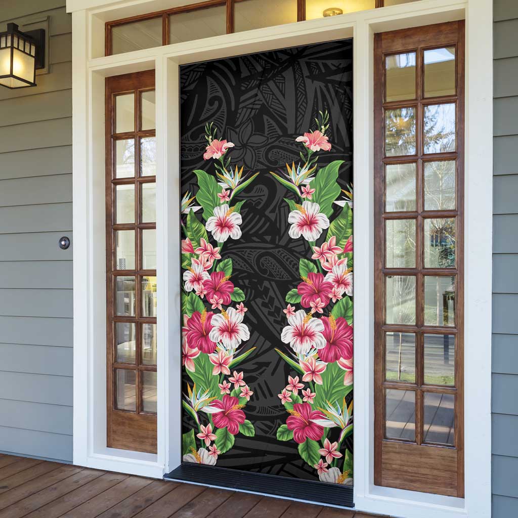 Hawaii Tropical Flowers Door Cover Black Polynesian Tattoo Art