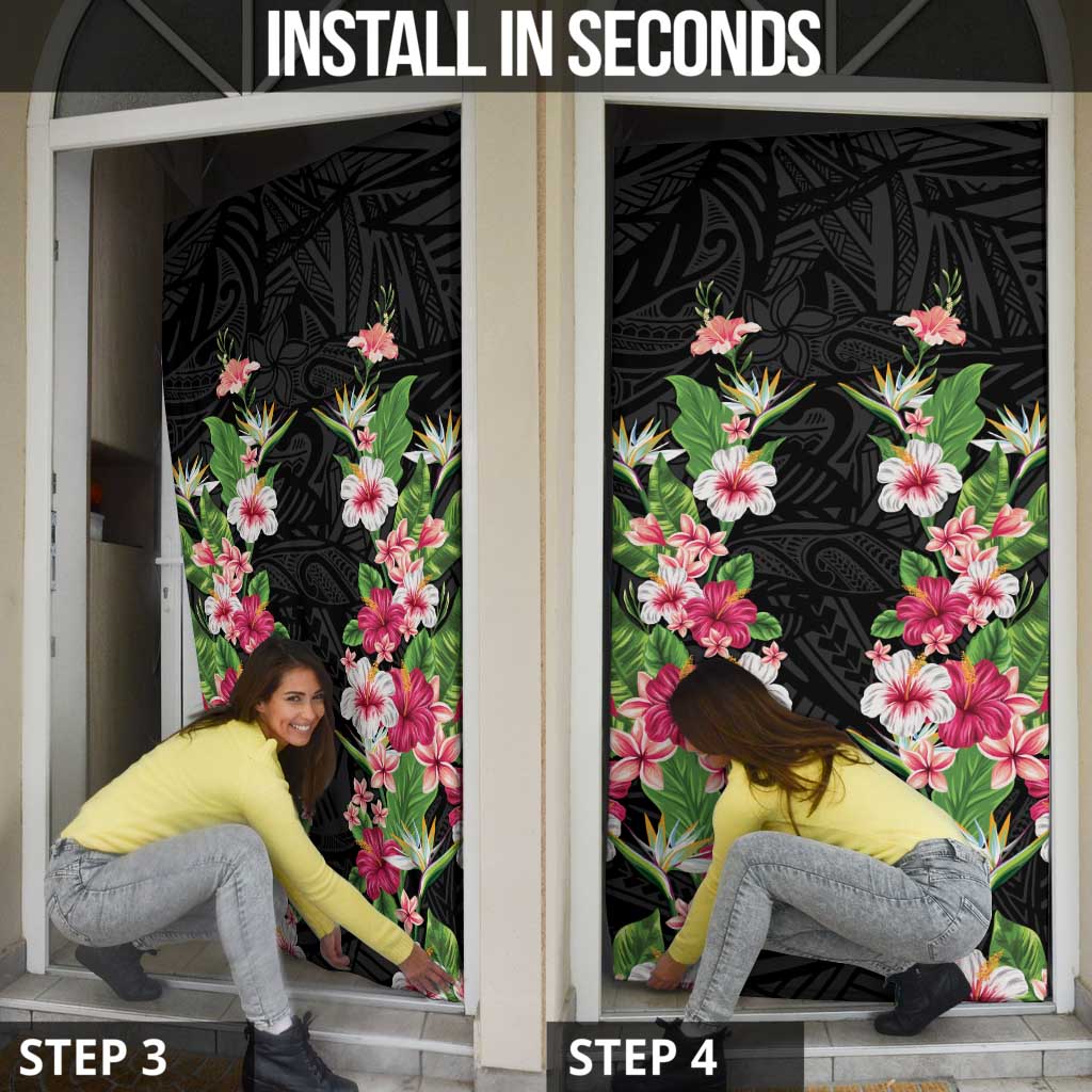 Hawaii Tropical Flowers Door Cover Black Polynesian Tattoo Art