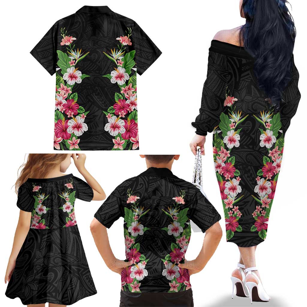 Hawaii Tropical Flowers Family Matching Off The Shoulder Long Sleeve Dress and Hawaiian Shirt Black Polynesian Tattoo Art LT05 - Polynesian Pride