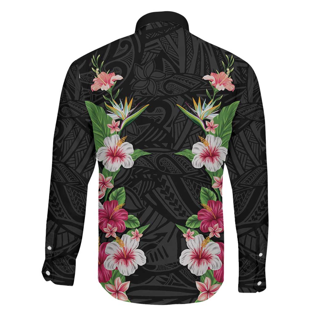 Hawaii Tropical Flowers Family Matching Off The Shoulder Long Sleeve Dress and Hawaiian Shirt Black Polynesian Tattoo Art LT05 - Polynesian Pride