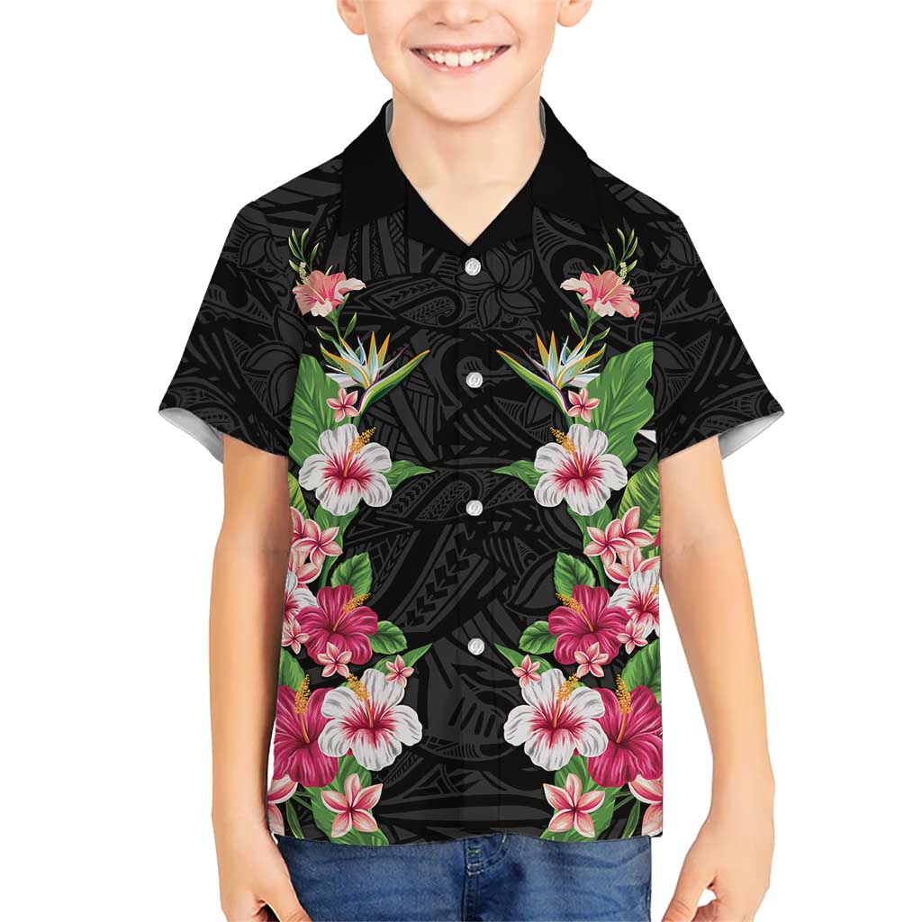 Hawaii Tropical Flowers Family Matching Off The Shoulder Long Sleeve Dress and Hawaiian Shirt Black Polynesian Tattoo Art LT05 Son's Shirt Black - Polynesian Pride