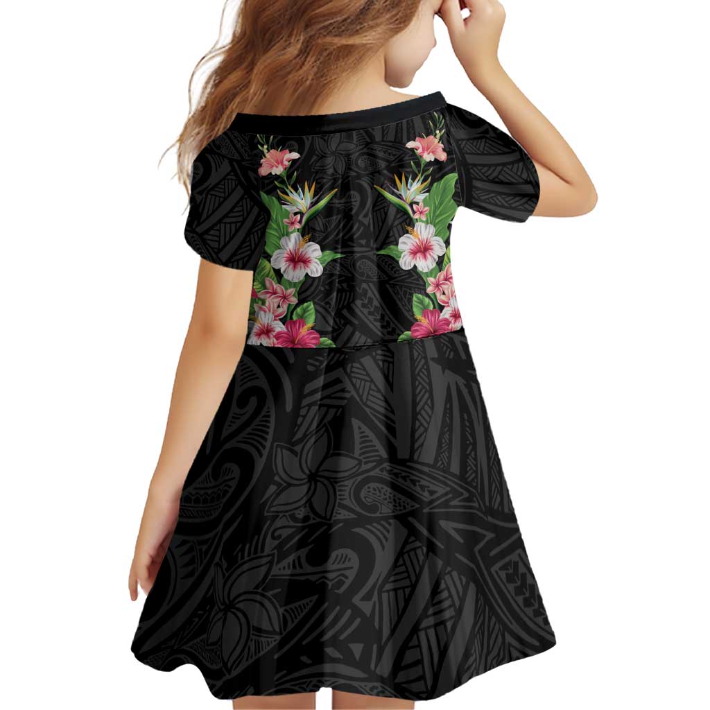 Hawaii Tropical Flowers Family Matching Off Shoulder Maxi Dress and Hawaiian Shirt Black Polynesian Tattoo Art LT05 - Polynesian Pride