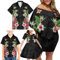 Hawaii Tropical Flowers Family Matching Off Shoulder Short Dress and Hawaiian Shirt Black Polynesian Tattoo Art LT05 - Polynesian Pride
