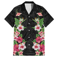 Hawaii Tropical Flowers Family Matching Off Shoulder Short Dress and Hawaiian Shirt Black Polynesian Tattoo Art LT05 Dad's Shirt - Short Sleeve Black - Polynesian Pride