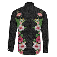 Hawaii Tropical Flowers Family Matching Off Shoulder Short Dress and Hawaiian Shirt Black Polynesian Tattoo Art LT05 - Polynesian Pride