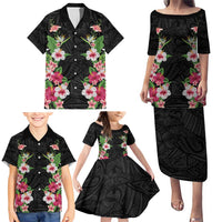 Hawaii Tropical Flowers Family Matching Puletasi and Hawaiian Shirt Black Polynesian Tattoo Art LT05 - Polynesian Pride