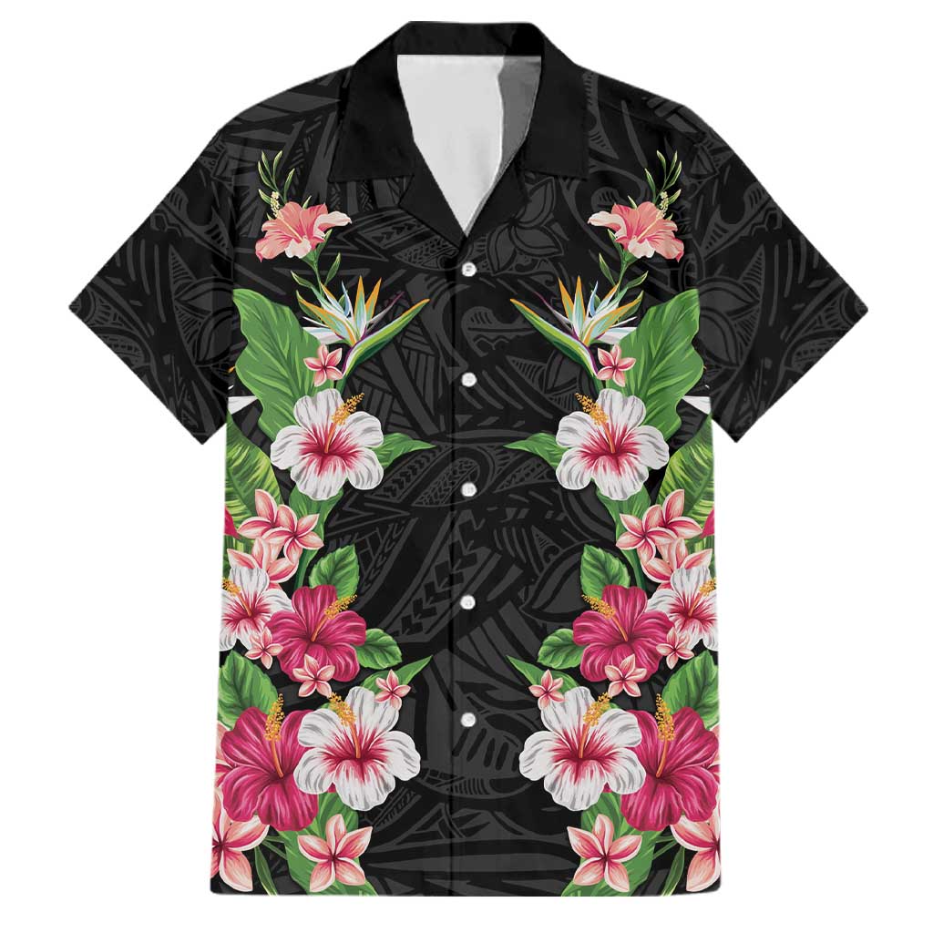 Hawaii Tropical Flowers Family Matching Puletasi and Hawaiian Shirt Black Polynesian Tattoo Art LT05 Dad's Shirt - Short Sleeve Black - Polynesian Pride