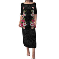 Hawaii Tropical Flowers Family Matching Puletasi and Hawaiian Shirt Black Polynesian Tattoo Art LT05 Mom's Dress Black - Polynesian Pride