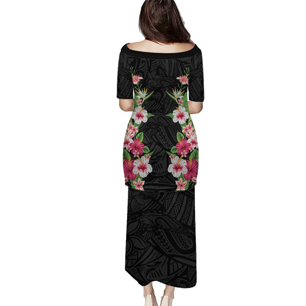 Hawaii Tropical Flowers Family Matching Puletasi and Hawaiian Shirt Black Polynesian Tattoo Art LT05 - Polynesian Pride