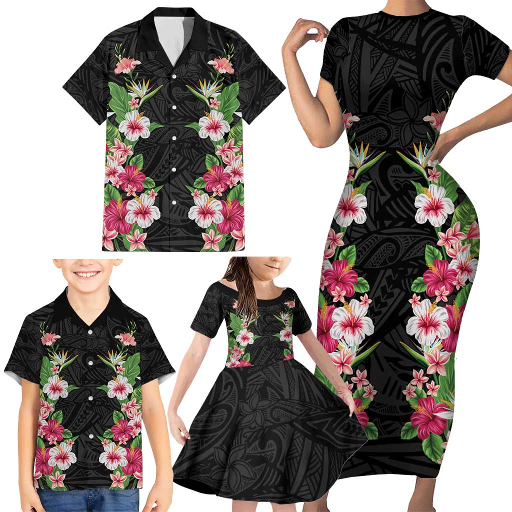Hawaii Tropical Flowers Family Matching Short Sleeve Bodycon Dress and Hawaiian Shirt Black Polynesian Tattoo Art LT05 - Polynesian Pride