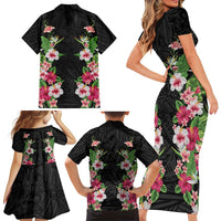 Hawaii Tropical Flowers Family Matching Short Sleeve Bodycon Dress and Hawaiian Shirt Black Polynesian Tattoo Art LT05 - Polynesian Pride