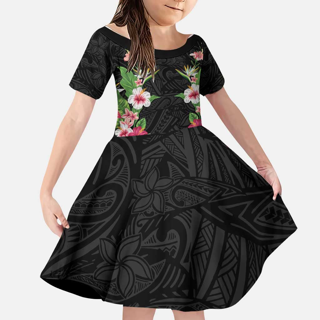 Hawaii Tropical Flowers Family Matching Tank Maxi Dress and Hawaiian Shirt Black Polynesian Tattoo Art LT05 Daughter's Dress Black - Polynesian Pride